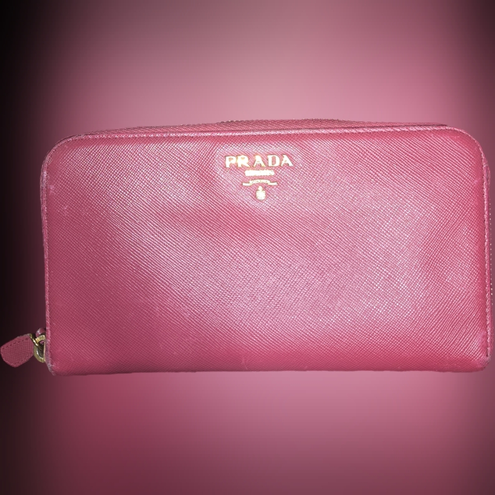 PradaDark Pink Saffiano Leather Zip Wallet